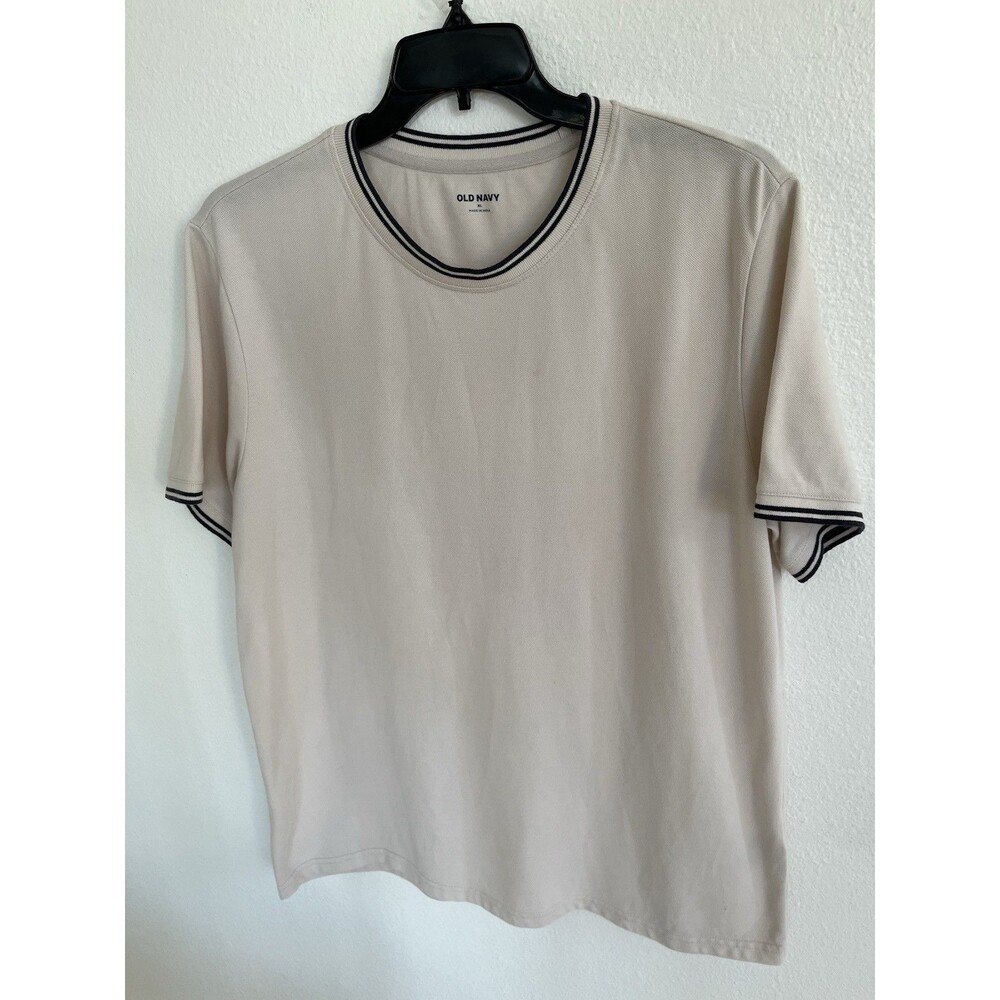 Old Navy Mens Textured Crew Neck Shirt XL Cream Navy Blue Tipping Stripes Casual
